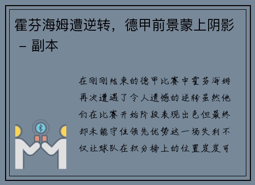 霍芬海姆遭逆转，德甲前景蒙上阴影 - 副本