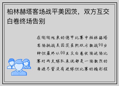 柏林赫塔客场战平美因茨，双方互交白卷终场告别