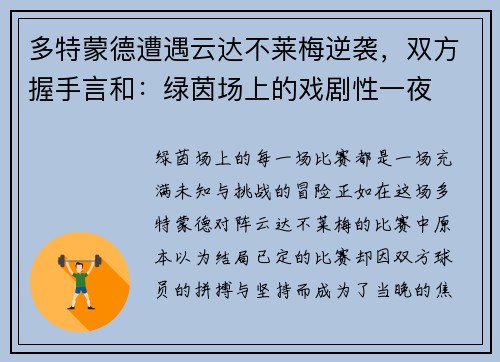 多特蒙德遭遇云达不莱梅逆袭，双方握手言和：绿茵场上的戏剧性一夜