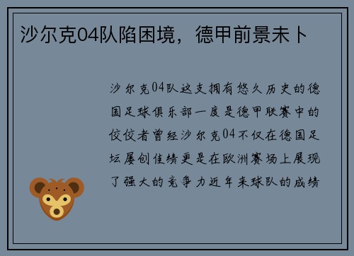 沙尔克04队陷困境，德甲前景未卜
