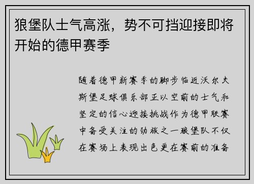 狼堡队士气高涨，势不可挡迎接即将开始的德甲赛季