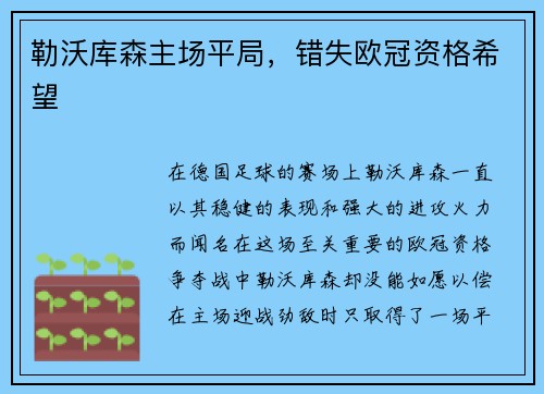 勒沃库森主场平局，错失欧冠资格希望