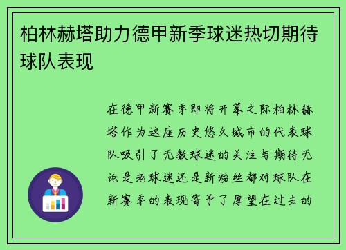 柏林赫塔助力德甲新季球迷热切期待球队表现