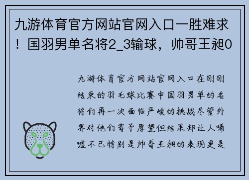 九游体育官方网站官网入口一胜难求！国羽男单名将2_3输球，帅哥王昶0_3落败
