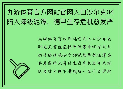 九游体育官方网站官网入口沙尔克04陷入降级泥潭，德甲生存危机愈发严峻